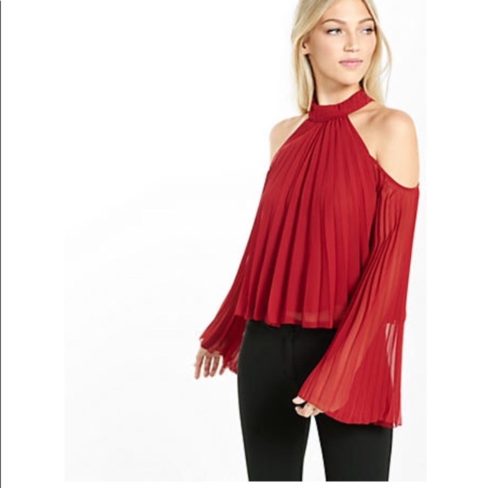 open shoulder red dress shirt